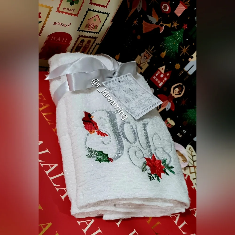 NWT Beekman Home Joy Embroidered Handtowel In Silver, Red, And White